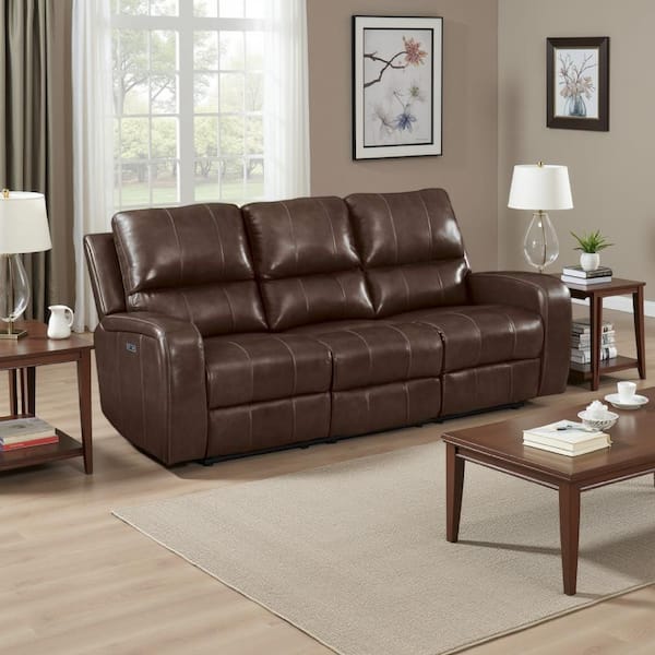 Benjara 82.13 in. Flared Arm Leather Rectangle Cushioned Seat Recliner Sofa in Brown