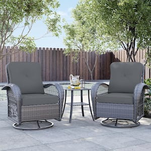 3-Piece Wicker Patio Outdoor Rocking Chair Swivel Chair with Coffee Side Table and Dark Gray Cushions