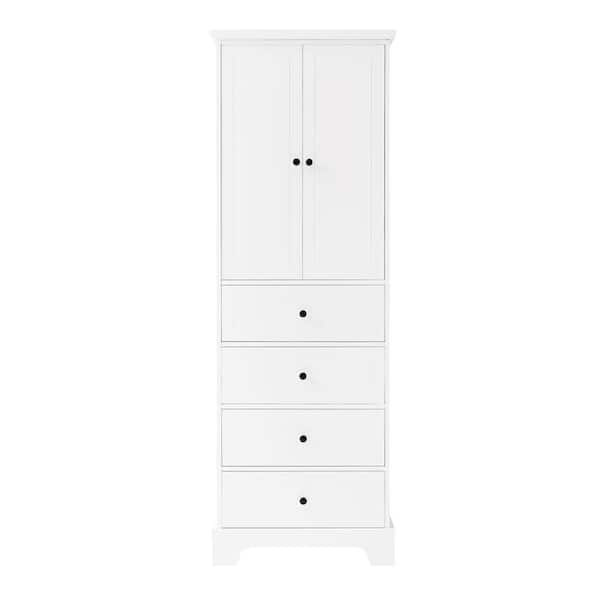 cadeninc 23.6 in. W x 15.7 in. D x 68.1 in. H White Storage Cabinet Linen Cabinet with Adjustable Shelf, 2 Doors and 4 Drawers