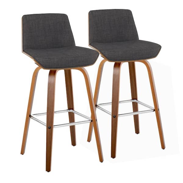 Lumisource Corazza 30.25 in. Charcoal Fabric, Walnut Wood and Chrome Metal Fixed-Height Bar Stool (Set of 2)