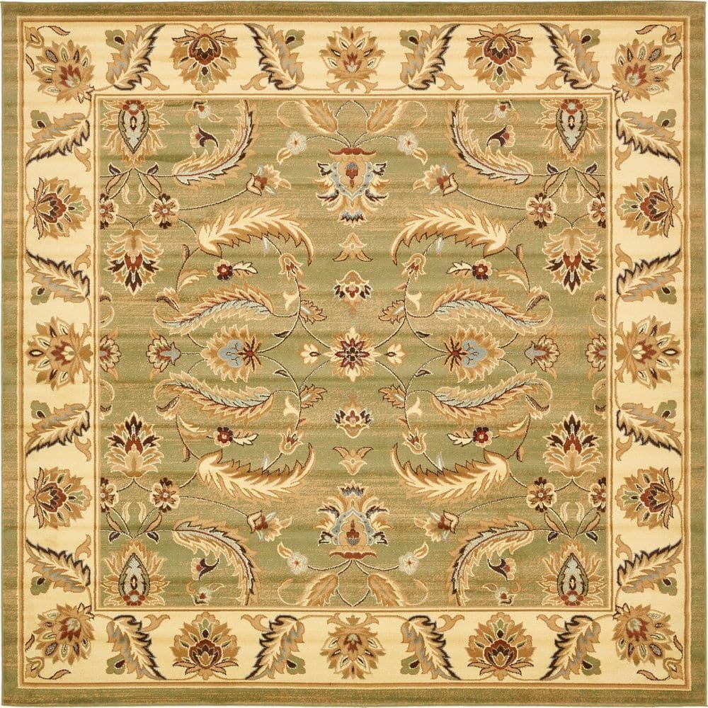 Green Floral Square Stain-Resistant Synthetic Area Rug