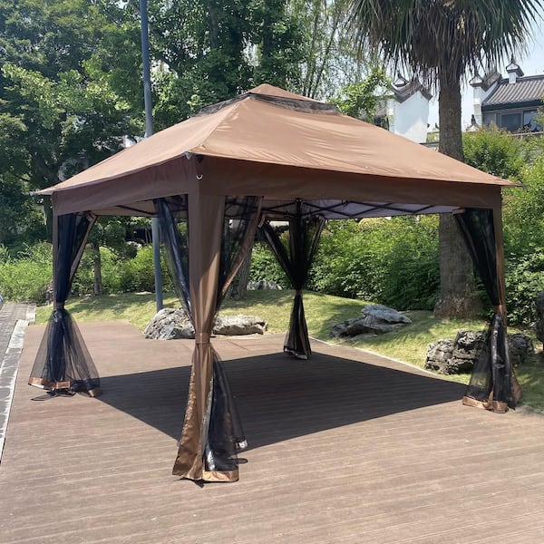 11 ft. x 11 ft. Brown Pop-Up Gazebo Canopy with Removable Zipper 2-Tier Soft Top Event Tent with Mosquito Net