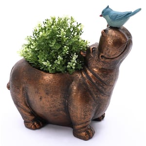 Brown Hippo and Blue Bird MgO Resin Flower Pot Planter