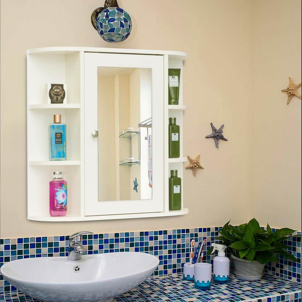 White Wall Mounted Mirrored Medicine Cabinet with Open Shelves