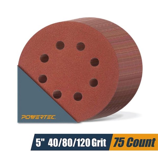 5 in. 8 Hole Hook and Loop Sanding Discs, 40/80/120, Assorted Grits Sandpaper for Random Orbital Sanders (75-Pack)