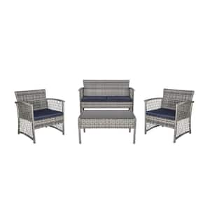 Highland Gray 4-Piece Patio Woven Rattan Wicker Sofa Patio Conversation Set, Navy