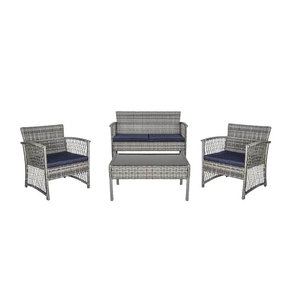 WESTIN OUTDOOR Highland Gray 4-Piece Patio Woven Rattan Wicker Sofa Patio Conversation Set, Navy