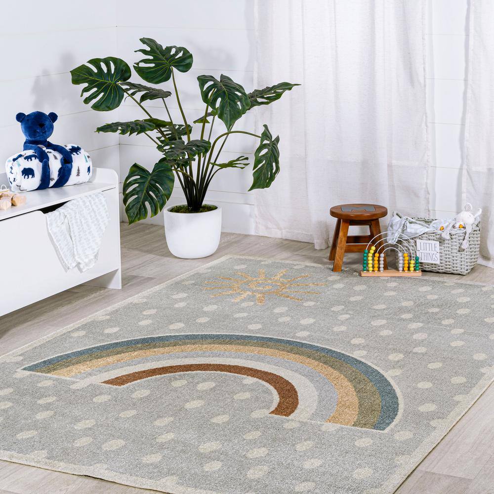 Gray Abstract Rainbow 8' x 10' Washable Kids Rug
