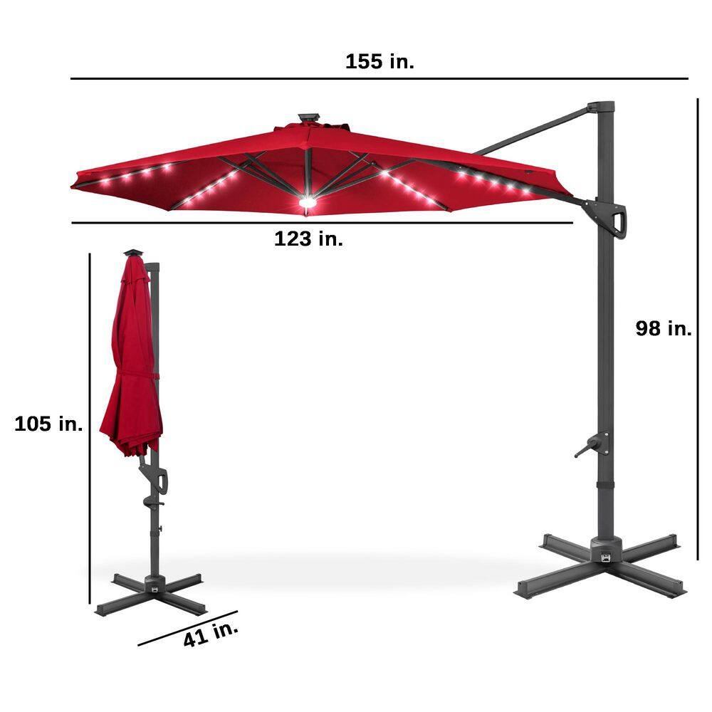 Red Solar LED Cantilever Patio Umbrella with Powder-Coated Aluminum Pole