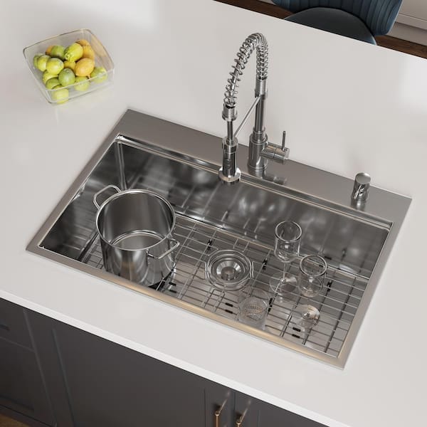 33” Workstation Kitchen Sink Drop-In Top Mount Stainless Steel Single Bowl  with WorkFlow™ Ledge and Accessories in Stainless Steel 95A932-33S-SS