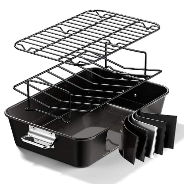 9 qt. Black Carbon Steel Non-Stick Roasting Pan with Rack, Baking Broiler Pan for Oven Chicken, Bacon, Dishwasher Safe