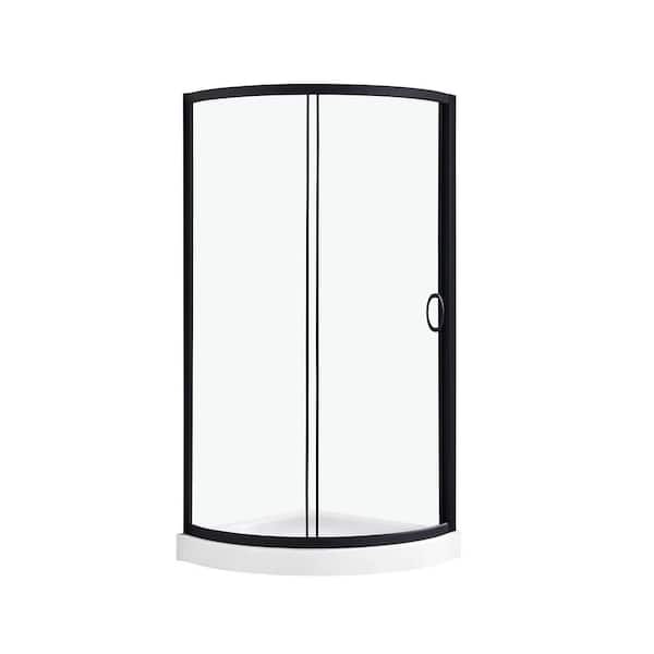 Breeze 32 in. L x 32 in. W x 76.97 in. H Corner Shower Kit with Clear Framed Sliding Door in Black and Shower Pan