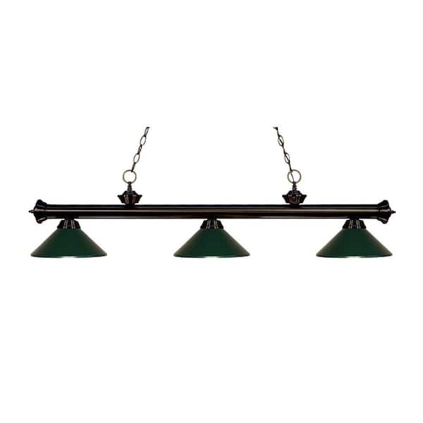 Riviera 3-Light Bronze With Metal Dark Green Shade Billiard Light With No Bulbs Included