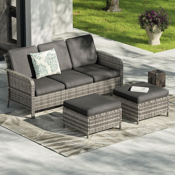 JOYESERY 3-Pieces All-Weather Patio Conversation Couch with Ottoman Set Gray Wicker with Black Cushion