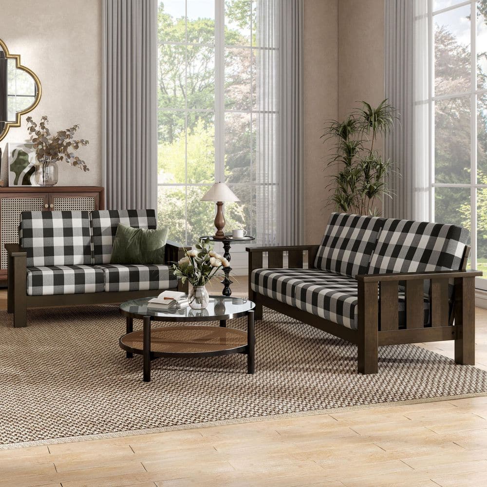 Thu 2-Piece Dark Walnut Fabric Sofa And Loveseat Living Room Set