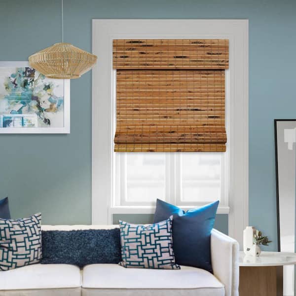 Natural Woven Light Filtering Cordless Bamboo Roman Shades for Windows, 34 in. W x 36 in. L, Maple