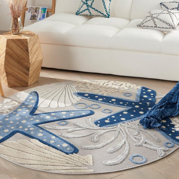 Aloha Blue/Gray 5 ft. x 5 ft. Round Nautical Contemporary Indoor/Outdoor Patio Area Rug