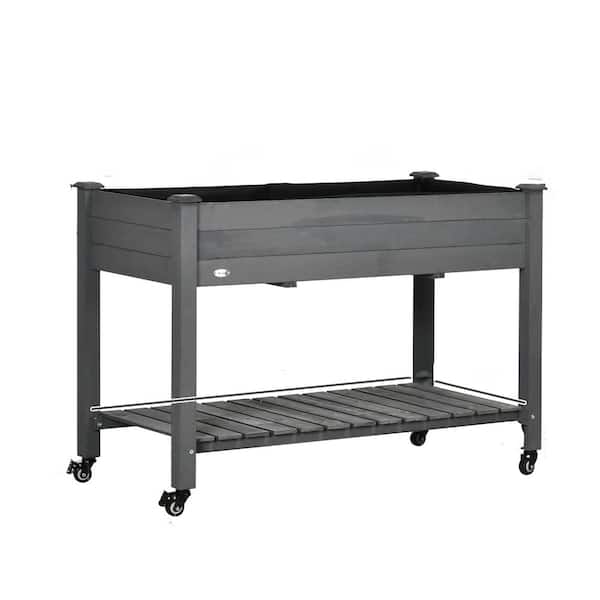 Zeus & Ruta 47" x 22" x 33" Dark Gray Wood Raised Garden Bed, Elevated Planter Box with Lockable Wheels, Storage Shelf Bed Liner