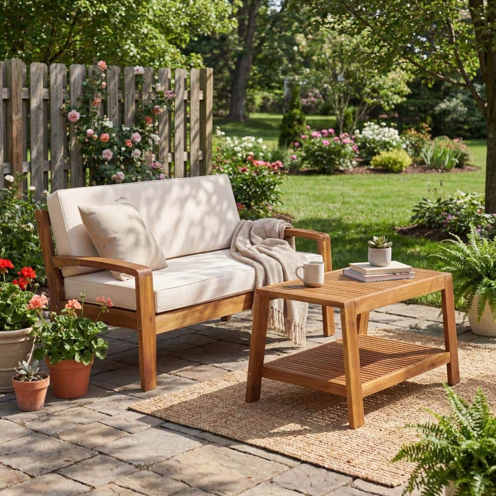 2-Piece Outdoor Teak Acacia Wood Conversation Set, Loveseat + Coffee Table, Beige Cushions, 350lbs price history on PriceWatchPro