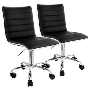2-Piece Black with Chrome Adjustable Faux Leather Rolling Office Chair