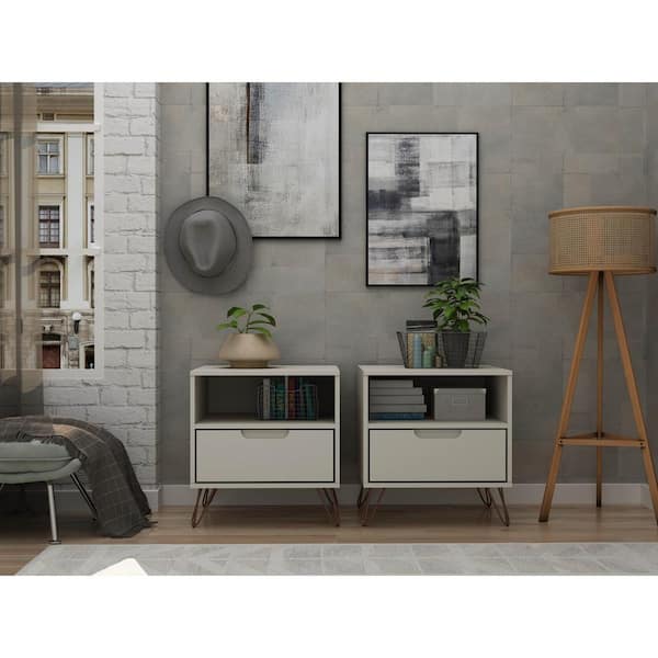 Manhattan Comfort Rockefeller 1-Drawer Off White & Nature Nightstand (Set of 2)