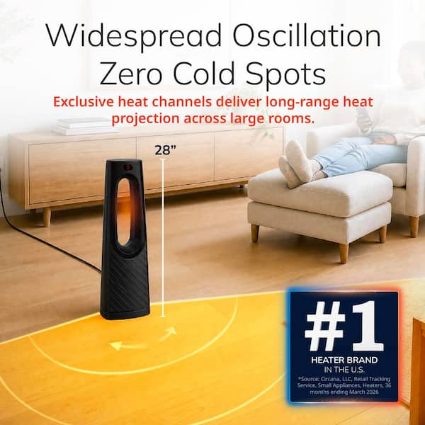 Bladeless 1500W 28 in. Black Indoor Electric Tower Forced Air Ceramic Space Heater with Tip Switch, 2-Speeds, and Remote