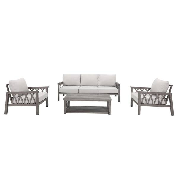 4-Piece Limed Oak Gray Aluminum Patio Conversation Set 2 Armchairs Three Seat Sofa and Side Table with White Cushions