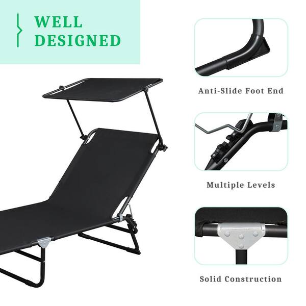 VINGLI Black Folding Metal 4 Position Outdoor Lounge Chair Patio Chaise  Lounge Recliner for Sunbathing with Canopy VL-G58000084 - The Home Depot