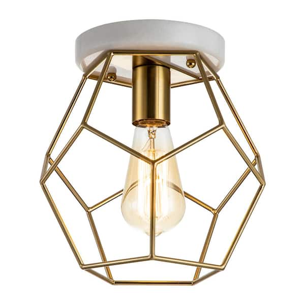 C Cattleya 1-Light 9 in. Antique Brass Flush Mount with Marble Canopy