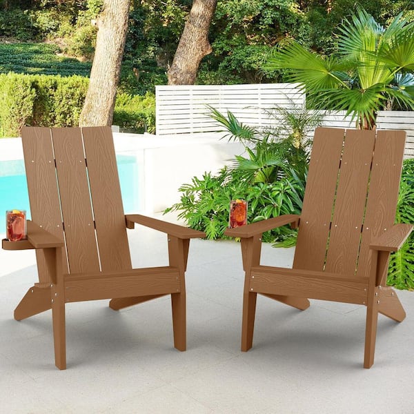 Mximu Oversize Modern Teak Plastic Outdoor Patio Adirondack Chair with Cup Holder (2-Pack)