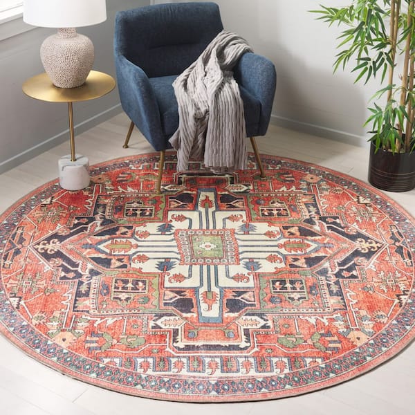 Serapi 7 ft. x 7 ft. Round Rust/Navy Persian Heriz Medallion Area Rug