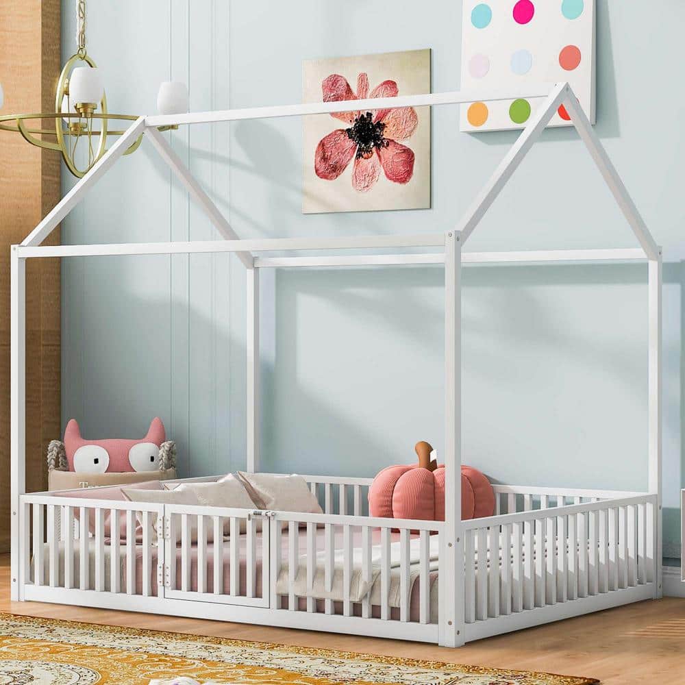 White Metal Frame Full Platform Bed with Fence and Door price history on PriceWatchPro