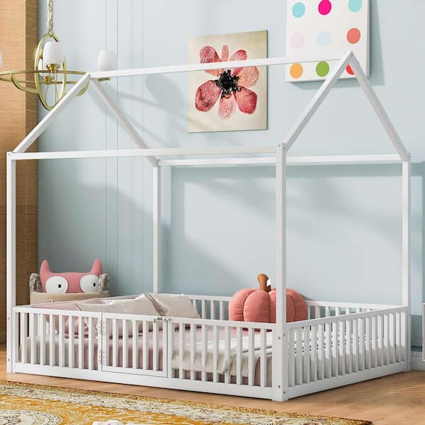 Polibi White Metal Frame Full Platform Bed with Fence and Door