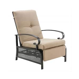 1-Piece Black Metal Outdoor Recliner Chair Adjustable with Footrest and Beige Cushions