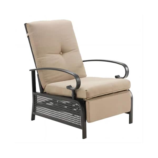 Misopily 1-Piece Black Metal Outdoor Recliner Chair Adjustable with Footrest and Beige Cushions