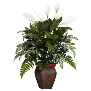 29 in. Artificial H Green Mixed Greens with Spathiphyllum and Decorative Vase Silk Plant