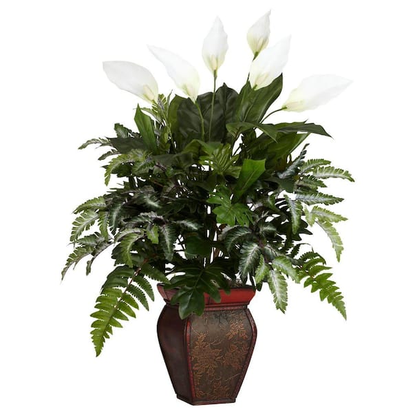 Nearly Natural 29 in. Artificial H Green Mixed Greens with Spathiphyllum and Decorative Vase Silk Plant
