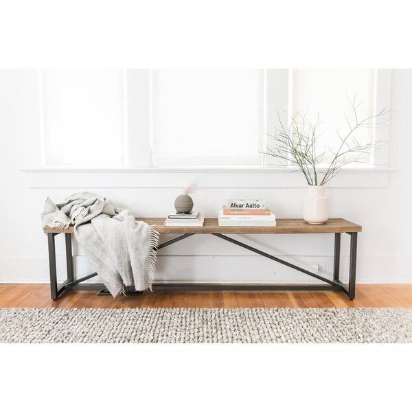 NADAAL STUDIOS Camille Brown Rectangular Dining Bench Reclaimed Pine Top with Stainless Steel Base 75 in.