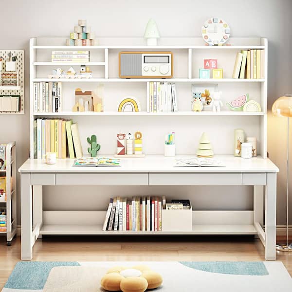 63 in. W White Kids Study Desk with Hutch, Wooden Writing/Computer Desk, Dual-Position Kids Desk with Drawers for Home