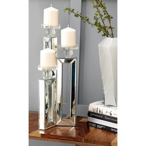 21 in. Silver Wood Pillar 3 Plate Candelabra with Mirrored Accents