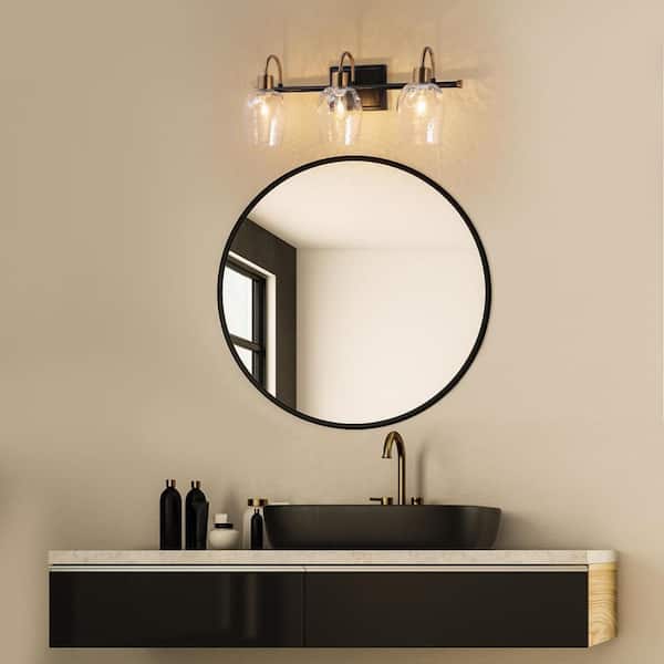 21.5 in. 3-Light Brass Gold Bathroom Vanity Light, Hammer Glass Black Bath Bar Vanity Light, Modern Indoor Wall Sconce