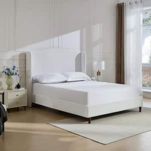 Verrano Modern Cream White Chenille Upholstered Metal Frame King Size Platform Bed with Wingback Headboard