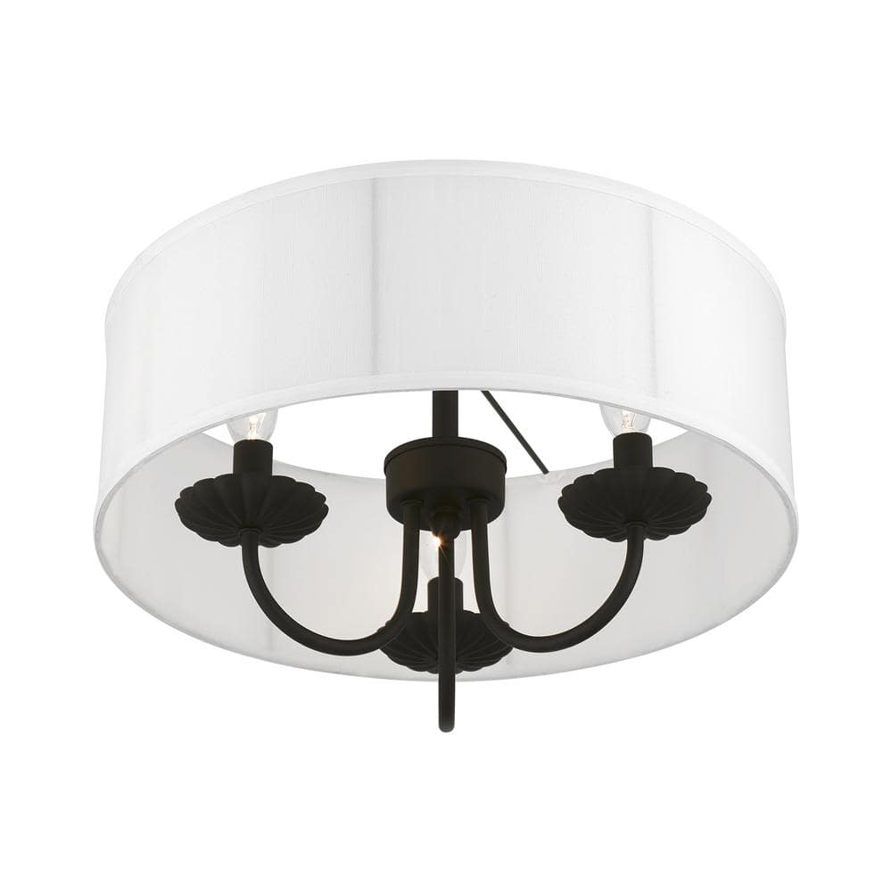 Brookdale Black Brass 3-Light Semi-Flush Mount with Fabric Shade