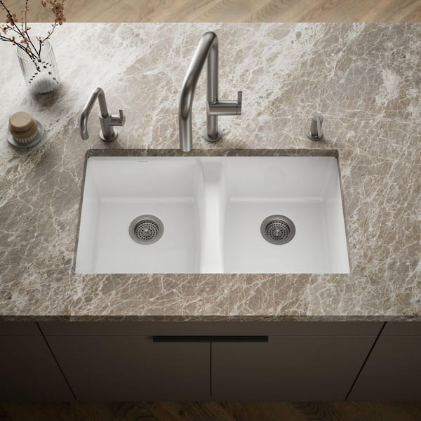 Deerfield Undermount Cast Iron 33 in. 5-Hole Double Bowl Kitchen Sink in White