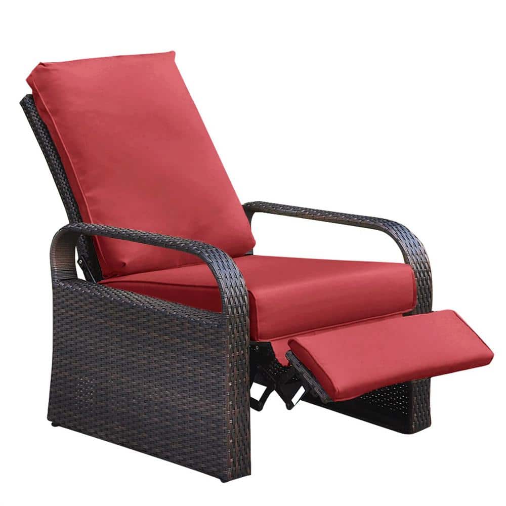 Brown 1 Piece Wicker Outdoor Chaise Lounge Chair Without Sunshade with Red 