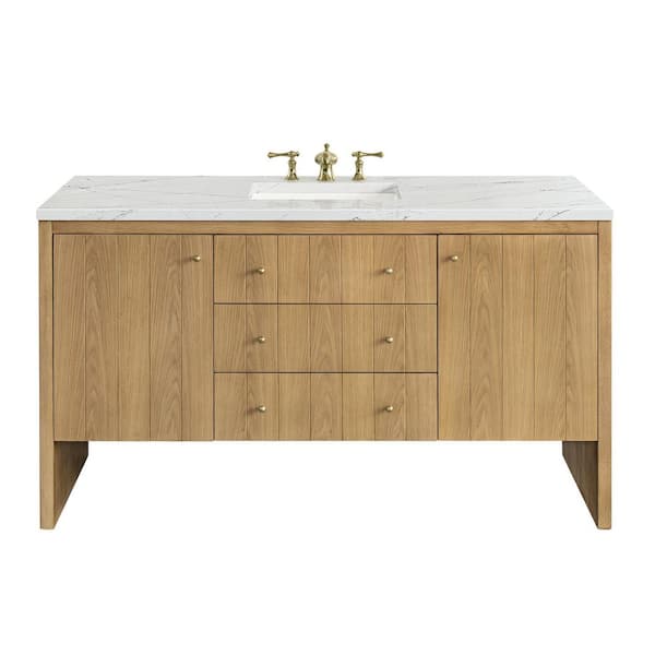 James Martin Vanities Hudson 60.0 in. W x 23.5 in. D x 34.2 in. H Bathroom Vanity in Light Oak with Ethereal Noctis Quartz Top