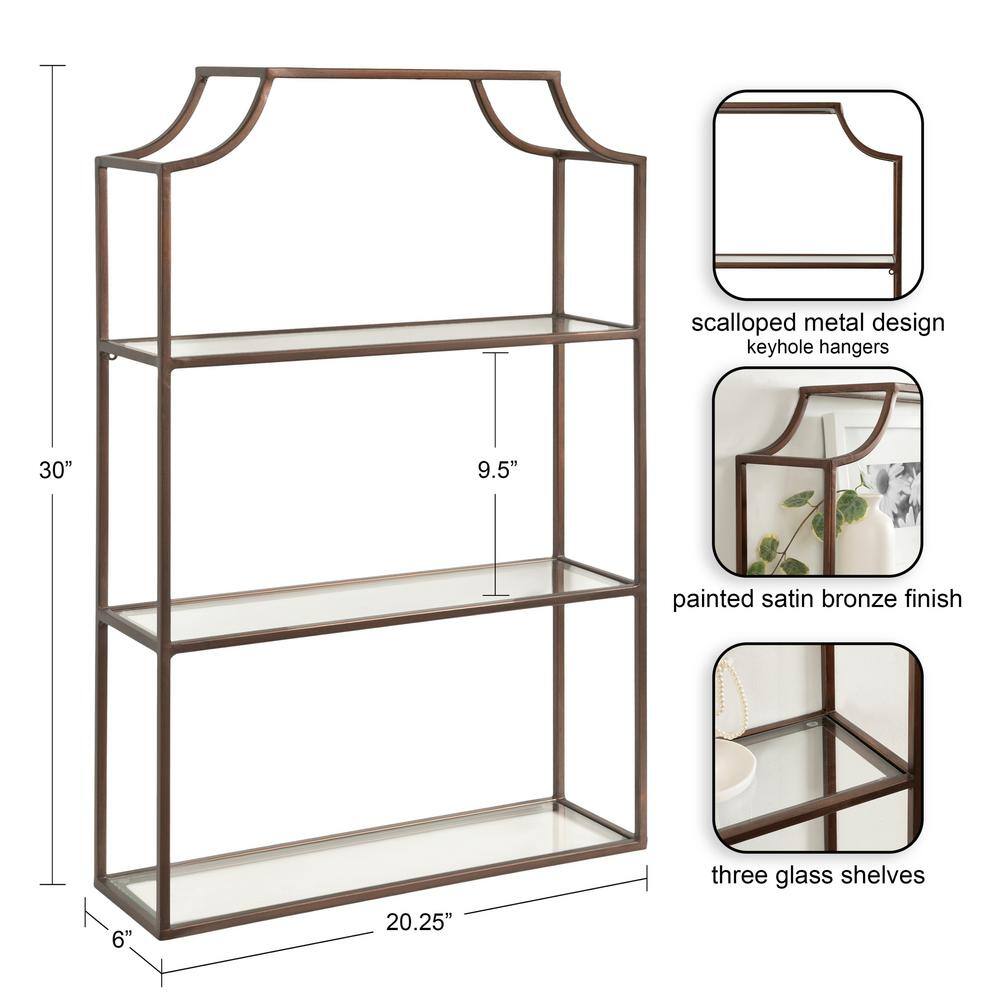 Bronze Metal Geometric Wall Shelf with Glass Tiers