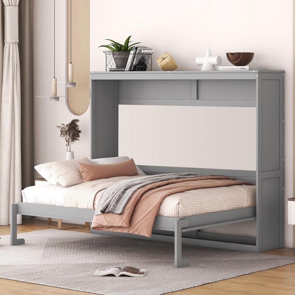White Wood Frame Queen Size Murphy Bed, Wall Bed Folded into a Cabinet - thumbnail 10