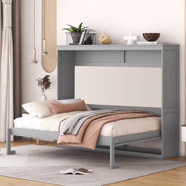 Gray Wood Frame Full Size Murphy Bed, Wall Bed Folded into a Cabinet
