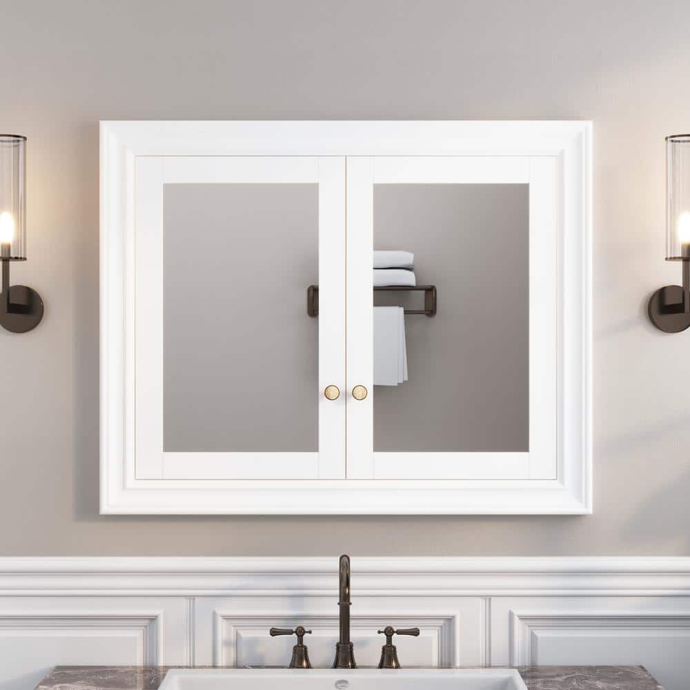 WELLFOR 40 in. W x 32 in. H Rectangular Solid Wood Recessed Medicine ...